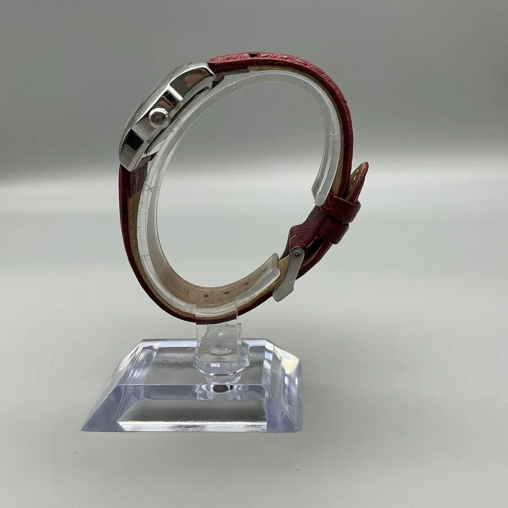 Croton Womens Watch 33mm Silver Tone Red Cushion Ostrich Leather New Battery